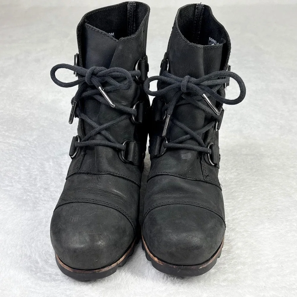 Sorel‎ Addington Lace Black Leather Ankle Boots NL2360-010 Womens 8 Waterproof